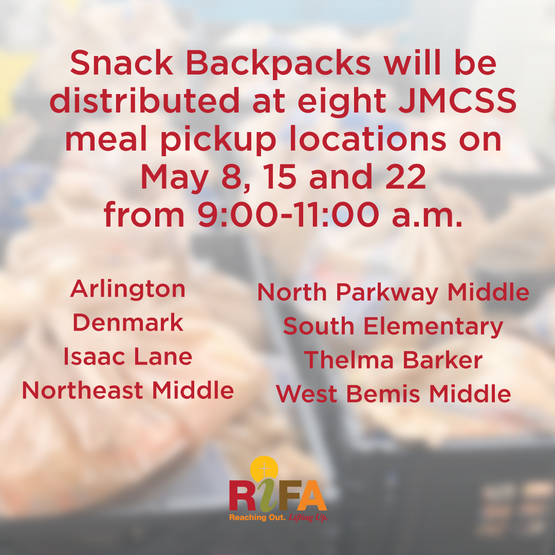 rifajackson's tweet photo. Snack Backpacks will be distributed to kids through the JMCSS meal pickup for the next three Fridays. Volunteers will be at eight locations giving out meals for the weekend. #SnackBackpack https://t.co/jDolWEi5oU