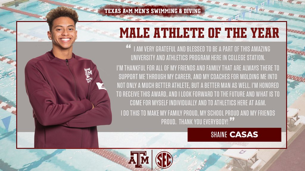 AggieSwimDive's tweet photo. Always making us proud 👍

Congrats to Shaine Casas on being named Male Athlete of the Year 

#GigEm | #BeTheDifference https://t.co/bBXkAVWSAK