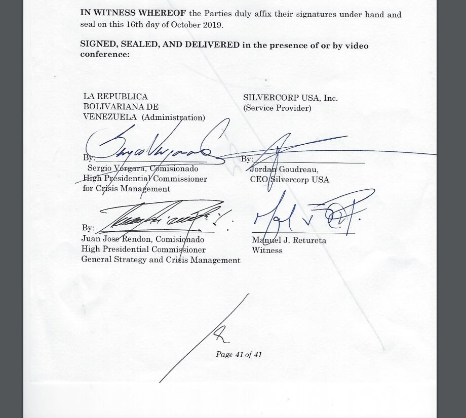 Signed contract published by the post. Guaido's signature is notably missing
