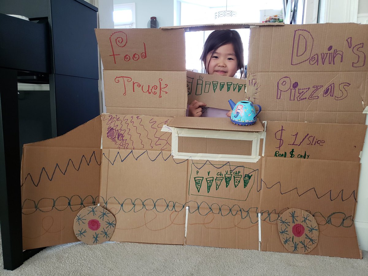 MarshallRoadES's tweet photo. Ms. Nusser’s students learned about reducing, reusing, and recycling. They read “Not A Box” by Antionette Portis and talked about how they could reuse a box to make their own “Not A Box” for fun this weekend. Attached is a photo of Davin’s creation.  #MRESDistanceLearning https://t.co/vVbdHe32qx
