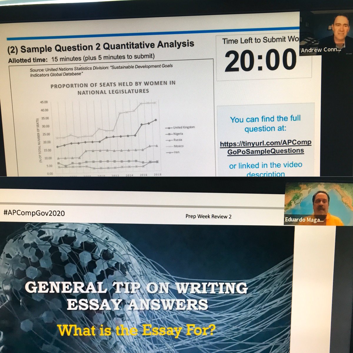 apsbailey's tweet image. So grateful to the College Board and the AP Comparative GoPo team for helping students prepare for the #APCompGov2020. @aconneen has done a masterful job with daily video lessons for students. So helpful to have Chief Reader Eduardo Magalhaes on today to give tips! @AP_Trevor