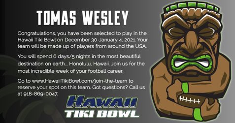 thewes5_'s tweet photo. Thankful for the opportunity and announcing that I’ve officially been invited to the Hawaii Tiki Bowl in Honolulu, Hawaii! @HawaiiTikiBowl @Pinson_Football https://t.co/4PQCeOiJ4S
