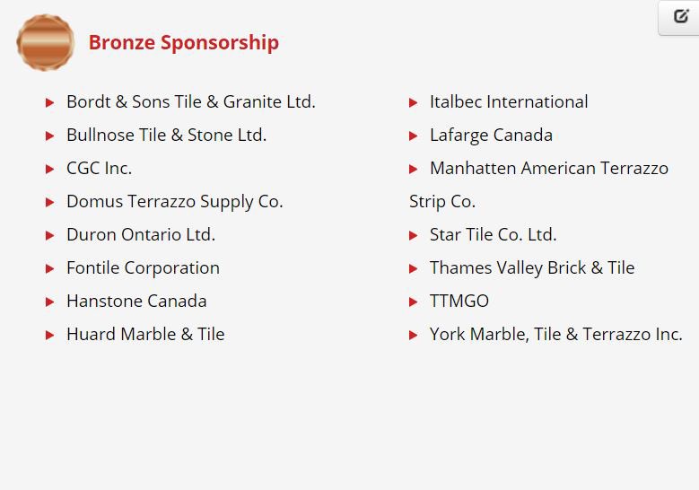 TTMACCanada's tweet photo. Today we thank our Bronze level sponsors. Your dedication to the industry is greatly appreciated. @bordtstoneandtile @bullnosetile @cgcinc @tmsupply @duron_ontario_ltd @fontile @hanstoneca @huardmarbleandtile @italbec @lafarge_canada @startile.co #ttmac #ttmaccanada https://t.co/GtqieKibmB