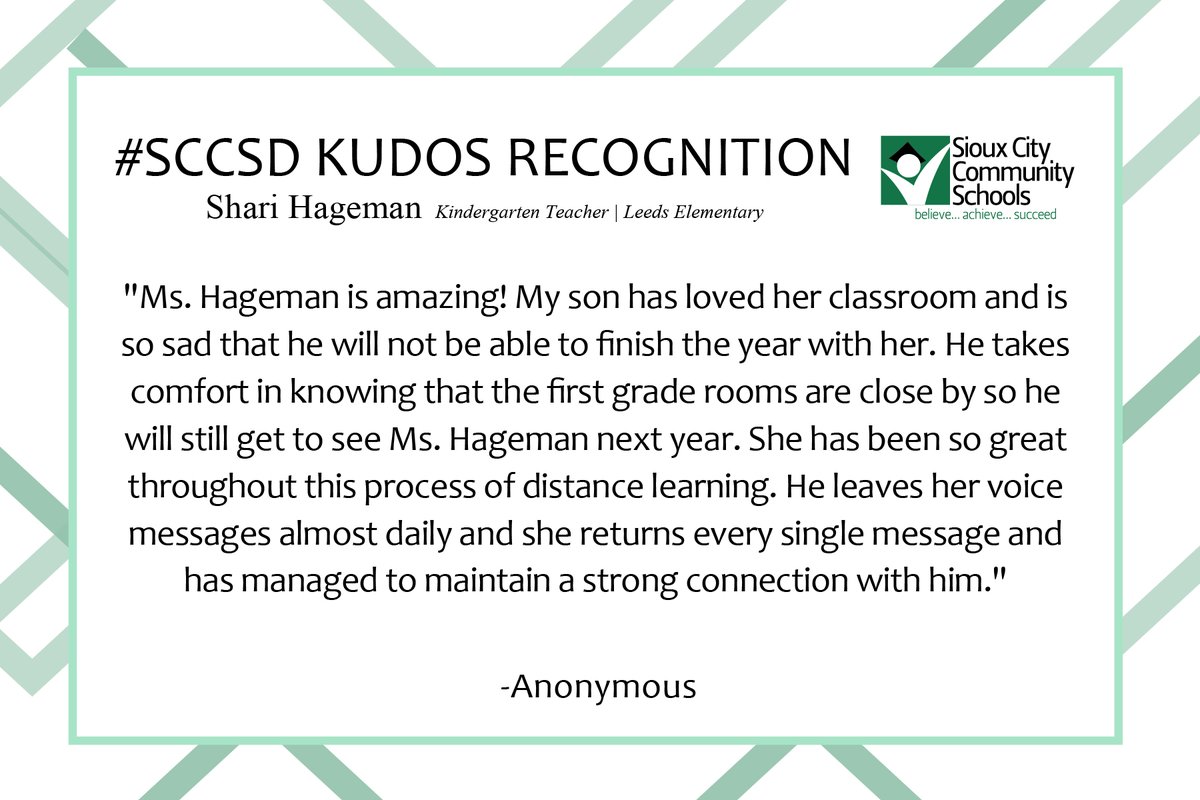 SiouxCityCSD's tweet photo. Thank you to all #SCCSD staff for making a positive difference. Today, we'll be sharing #Kudos messages submitted by fellow staff members and community members to recognize people going above and beyond. #StaffAppreciation2020 https://t.co/G6aCsaAkGx