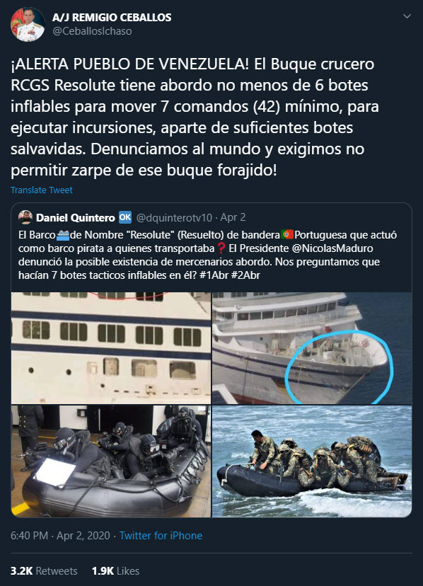 Tweets by a Venezuelan admiral with accusations about a cruise ship transporting commandos