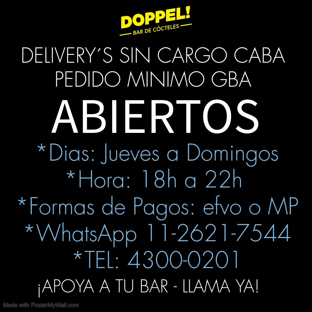 DoppelBar's tweet photo. A pedido del público ampliamos días, horario y radio de entrega...!!
Hace tu pedido por whatsapp, Lobo sediento te estamos esperando. 🐺
APOYA A TU BAR
•
#ElPoderDeDoppel
#NadaComoDoppel
•
#BeberExtraordinario
#DondeSiNo
#SoloEnDoppel
•
#BarBarDoppel
#LSV https://t.co/ep21zakVYf