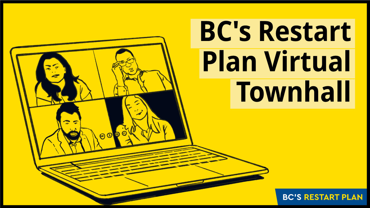 BCGovNews's tweet image. A new series of virtual townhalls will kick off on Friday, May 8 at 2:30PM PDT with Premier John Horgan and Finance Minister Carole James. 

Watch live on Facebook and YouTube, and submit your questions about BC's Restart Plan in advance at feedback.engage.gov.bc.ca/679317?lang=en 
#COVIDBC