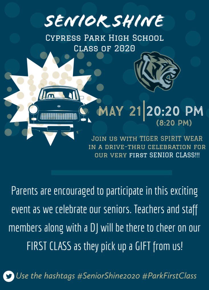 #Seniors2020, it’s time to shine! Save the date for May 21! We can’t wait to celebrate YOU and see you again! 🐯#RiseUp #SeniorShine2020 #ParkFirstClass #retweet