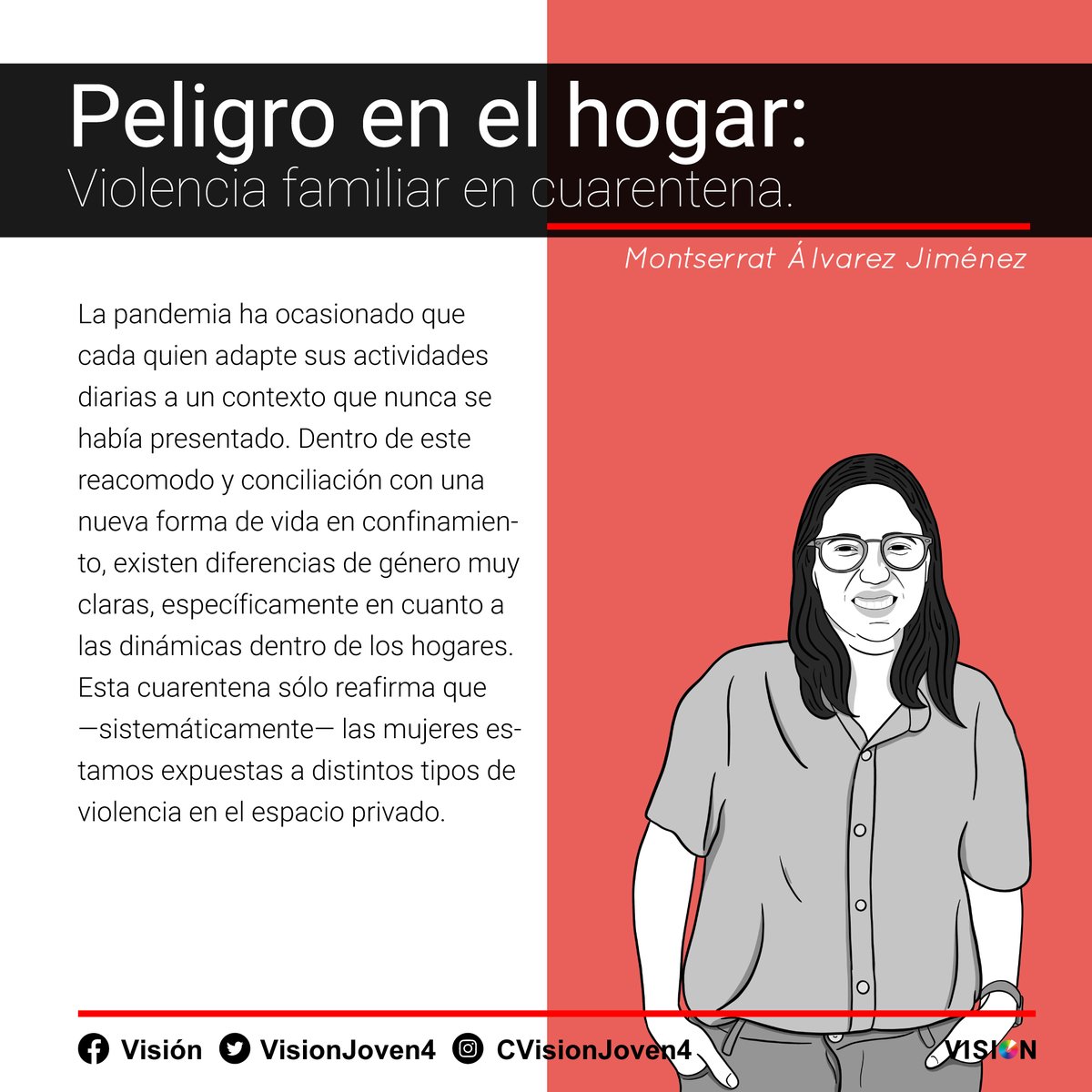 VisionJoven4's tweet photo. Peligro en el hogar: violencia familiar en cuarentena
Por: Montserrat Álvarez Jiménez @MontseAlvz
Ayer AMLO mencionó que la violencia contra las mujeres no ha incrementado en cuarentena, aquí una pequeña columna que lo desmiente.
#VISION #VISIONJOVEN https://t.co/88wSI9aWFb