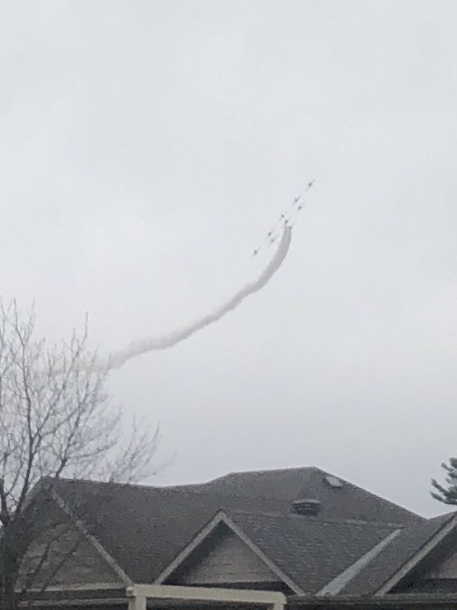 So cool to see the #CFSnowbirds fly by!!!  Not the best picture, I was too excited watching them. What a cool thing to do for our country. #canadastrong Thanks SO much!
