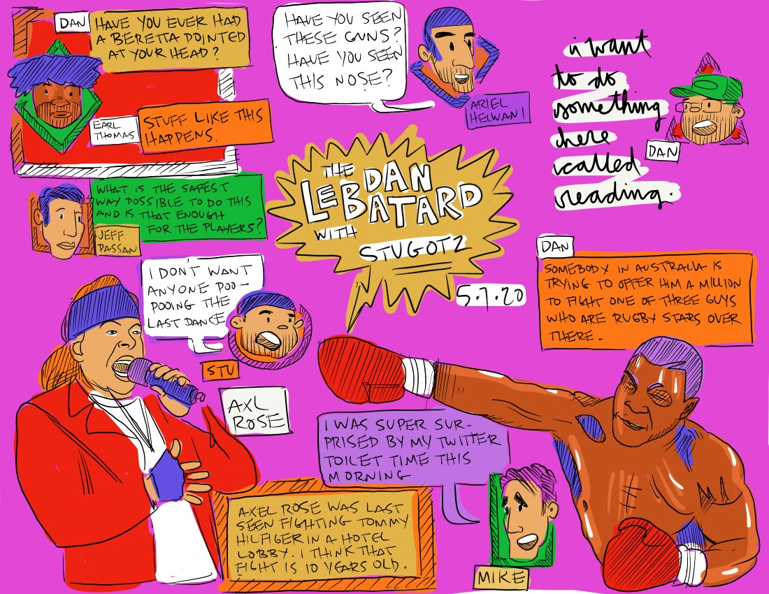 LeboArt's tweet photo. Mike Tyson down under, Ariel Helwani’s nose and Axl Rose riled up on today’s Dan Lebatard show. Check out the art here. https://t.co/b5XHSeBFfG