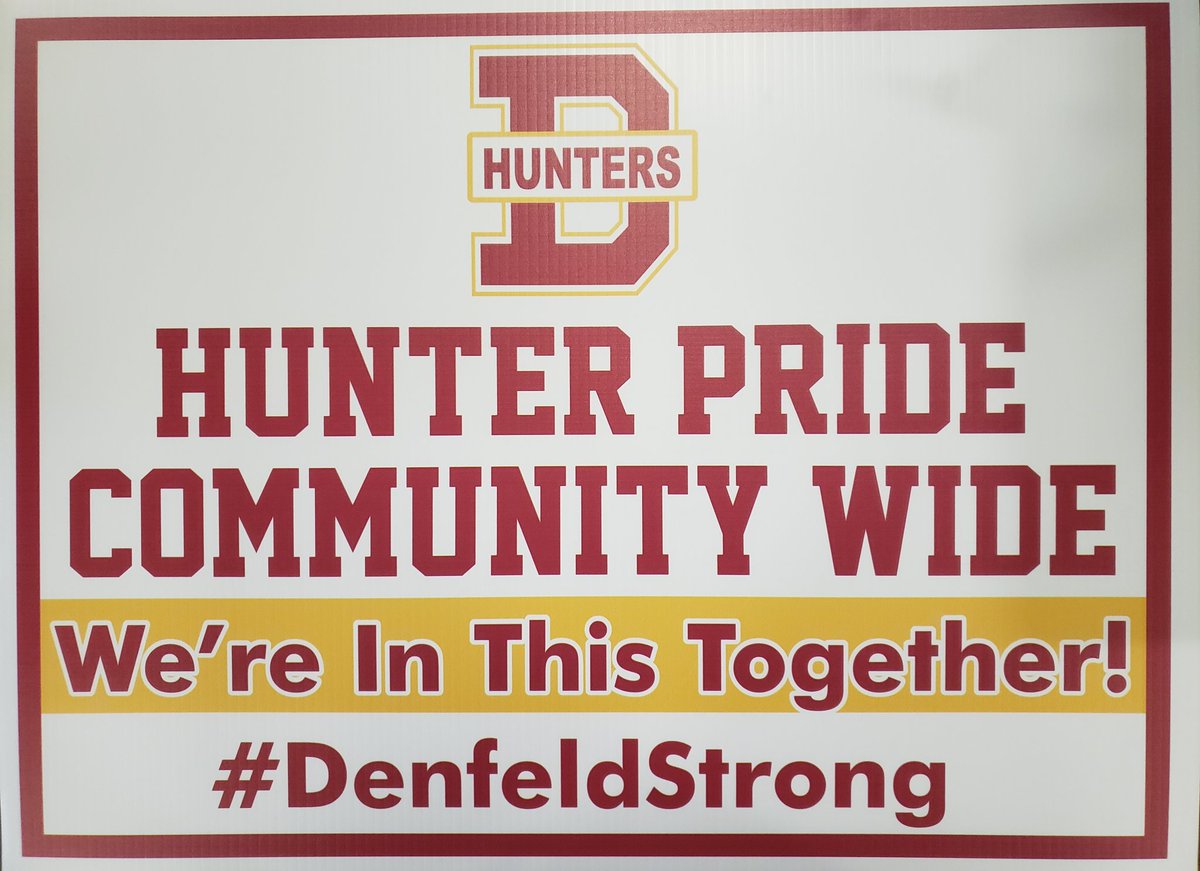 HunterPrideDHS's tweet photo. Denfeld is offering "Hunter Pride Community Wide" signs for sale for $10 to the general public starting tomorrow and running daily from 10:00 to 1:00 at the main entrance while supplies last.  Exact change preferred.  Thanks for helping to spread the Hunter spirit!  @ISD709News https://t.co/bbXrT1Kkrr