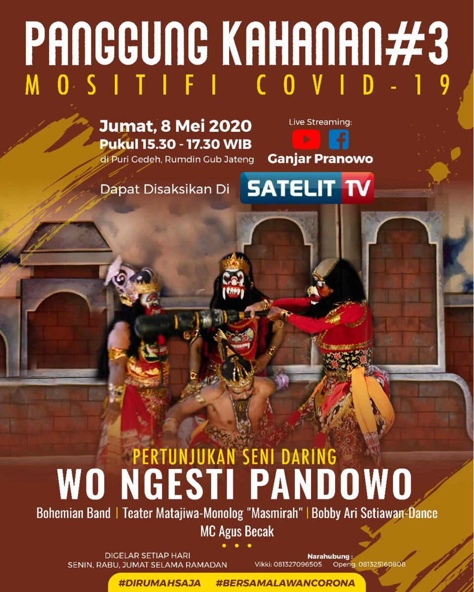 Panggung Kahanan #3 Sore Ini! Wayang Orang Ngesti Pandowo.

Silahkan menonton live Streaming dari Fanspage Facebook dan Youtube saya. Maaf untuk yang ke lokasi kami tolak karena aturan physical distancing.