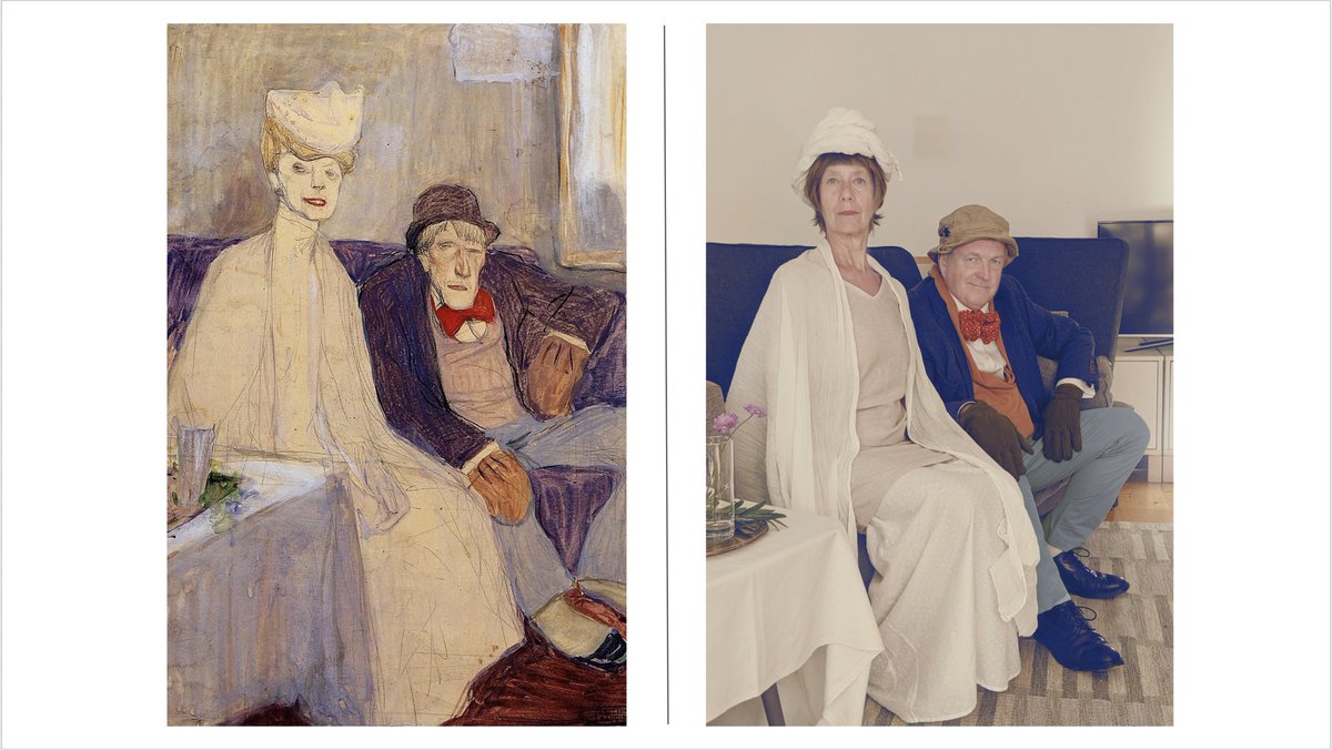 Day 48Odd Couple in a Waiting Room by Jules Pascin, 1907-1908.Odd Couple in a Livingroom by Molly O'Cathain, 2020. #parentalpandemicportraits