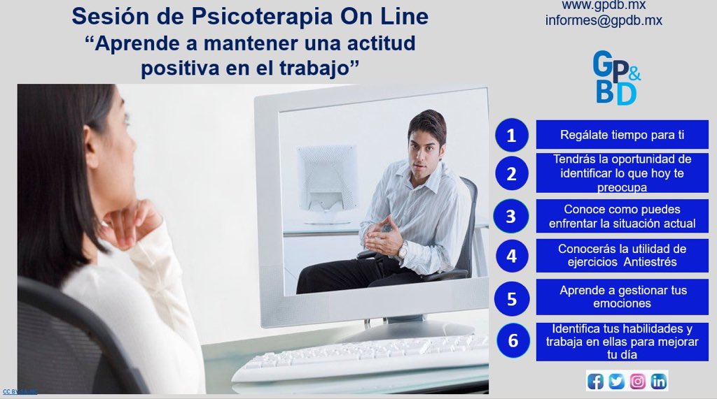 gpdbmex's tweet photo. Te invitamos a que conozcas nuestro Proceso Terapéutico. Atenderemos diversos temas como lo son: síntomas de estrés, ansiedad, duelo, control de emociones, depresión, que puedan afectar la productividad en el trabajo.
¡Contáctanos en nuestras redes sociales! https://t.co/wbMLRyP4aP
