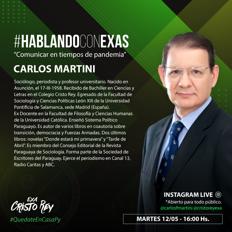 #HablandoConExas 💬 | En nuestra 4ta edición tenemos a un invitado de lujo, el Sr. <a href="/680carlos/">Carlos Martini</a> con quien estaremos hablando sobre la comunicación en tiempos de pandemia. ¡Te esperamos nuevamente! |🗓 Martes 12 🕣 16:00 hs. 🎙 Conducción: <a href="/guadalg/">Guada</a>

#QuedateEnCasaPy