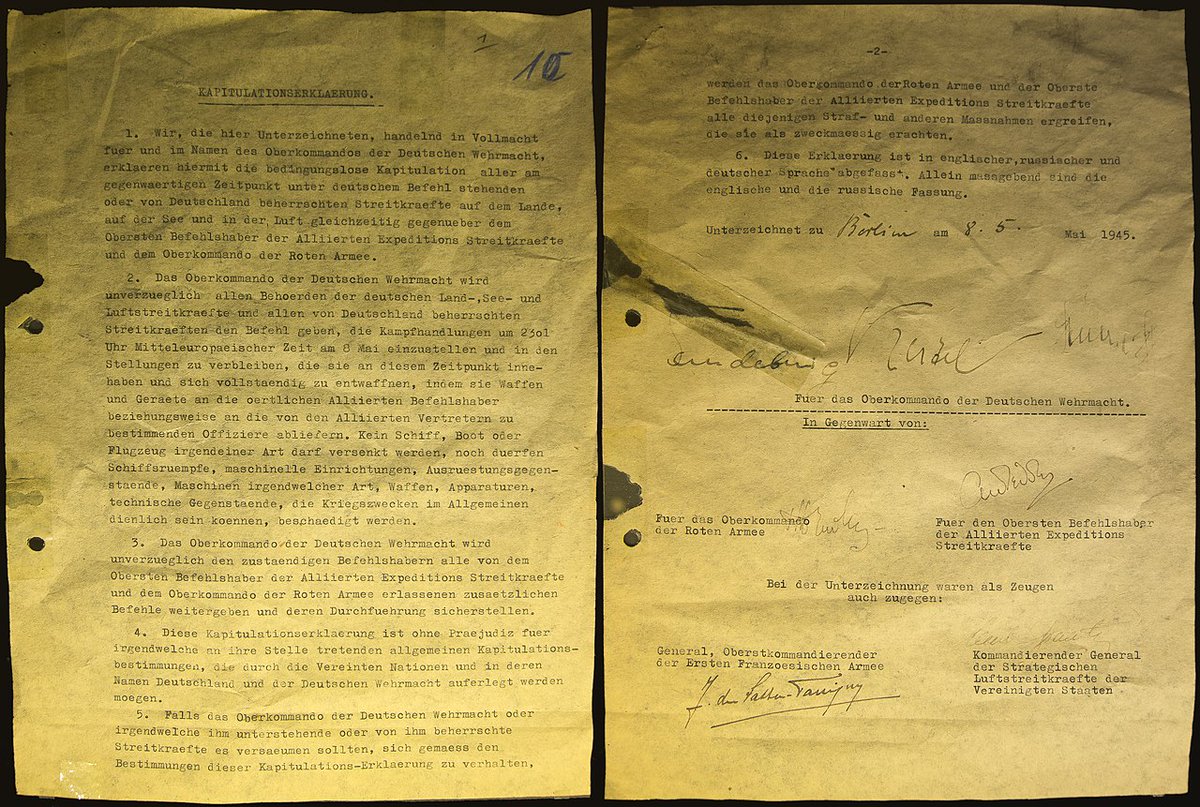 Good morning all & on this day in 1945, the remaining Nazi high command surrendered to the Soviets and the Allies at Karlshorst in Berlin. With Hitler dead, and his successor Admiral Donitz in Flensburg, Field Marshal Keitel signed for what remained of the Nazi state.