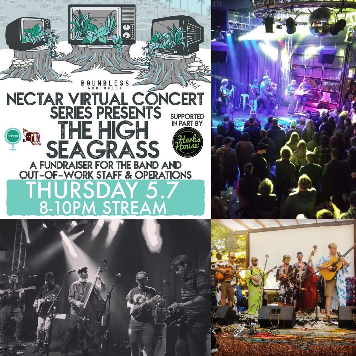 thePBJpresent's tweet photo. Who’s tuning in @ 8pm PT for tonight’s Virtual Getdown with Seattle bluegrass band The High Seagrass? #NectarVirtualConcertSeries is supported in part by Herbs House so 💯% of your contributions go to the artists, venue out-of-work staff &amp; operations during COVID-19 lockdown! https://t.co/Q2ijihDwxi