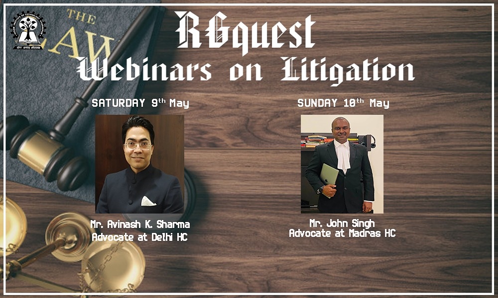 RGSOIPLOfficial's tweet photo. This weekend's discussions is going to be on Litigation. 

We are going to be hosting Mr. Avinash Kumar Sharma, Advocate, Delhi High Court and Mr. S. John J. Raja Singh, Advocate, Madras High Court on Saturday and Sunday respectively.

Hope to see you all! https://t.co/8dAMhPkdmr