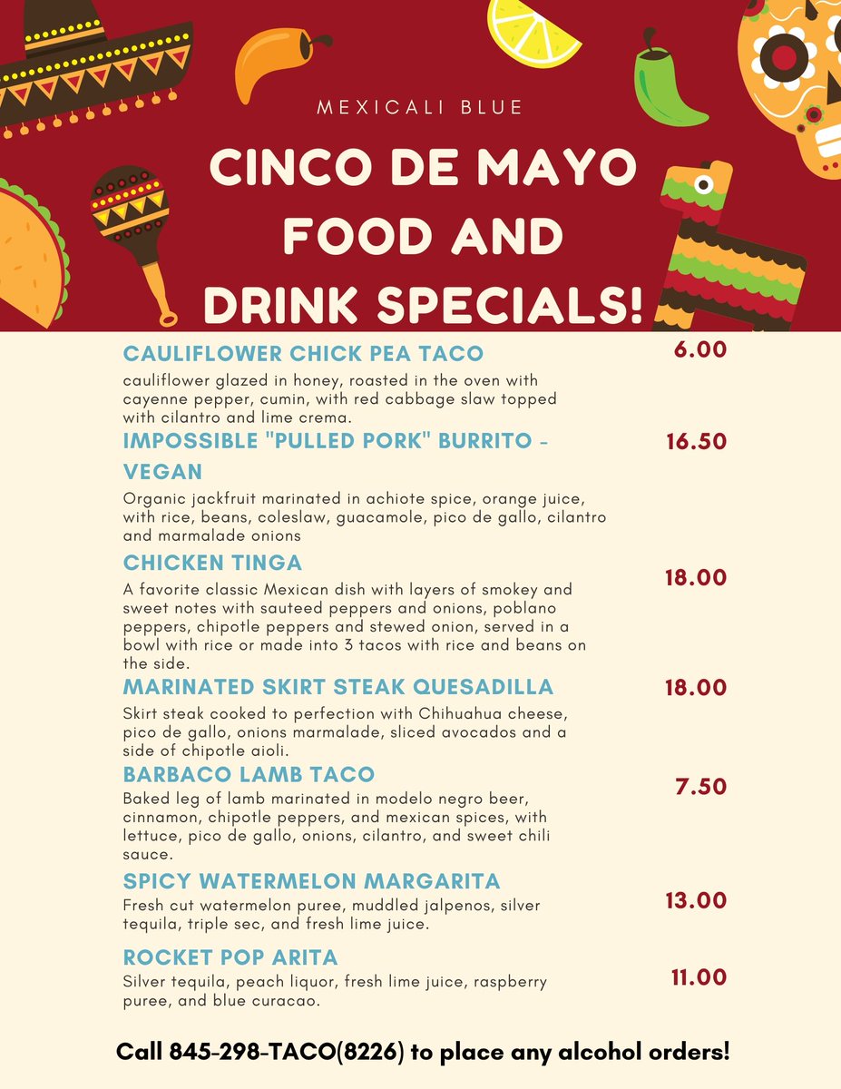 Mexicali_Blue's tweet photo. What's for dinner? How about one of our delicious Cinco De Mayo specials! #WappingersFalls #MexicaliBlue
Order online --> https://t.co/C6VGJ7FAdY https://t.co/XfmKOfKl5A