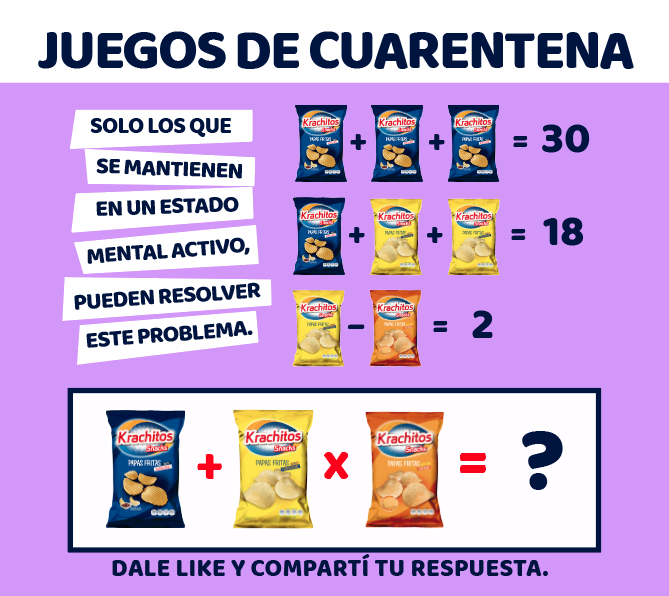 krachitos_'s tweet photo. A ver si te animas a este nuevo desafio! Si lo podés resolver, dale RT, comentá la respuesta y desafiá a tus amigos. Pronto habrá sorteos y vas a necesitar contar con ellos para ganar!!! #quedateencasa #juegosdecuarentena #prontosorteos #misamigos #quierokrachitos https://t.co/oKFB5xiQro
