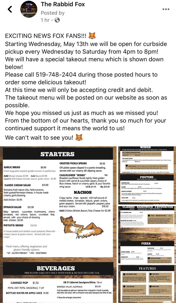 Take a look on our Facebook page for our takeout menu!