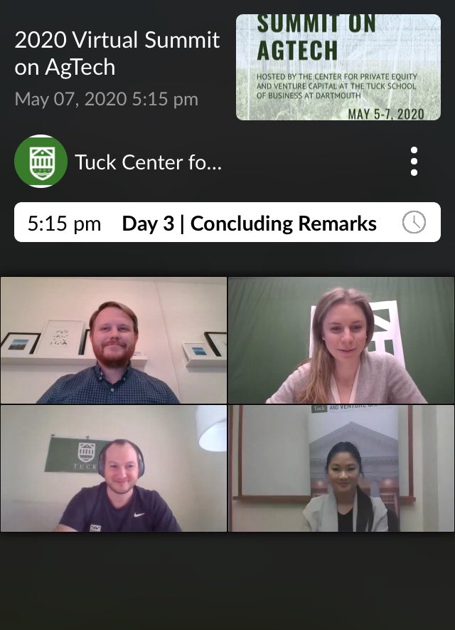 That’s a wrap! THANK YOU to all of our speakers and attendees for joining us for an insightful &amp; engaging 3 days of the 2020 #TuckAgTechSummit exploring numerous #agtech issues and trends. With 933 registered attendees from 43 countries, we’ve had a truly global audience. 1/2