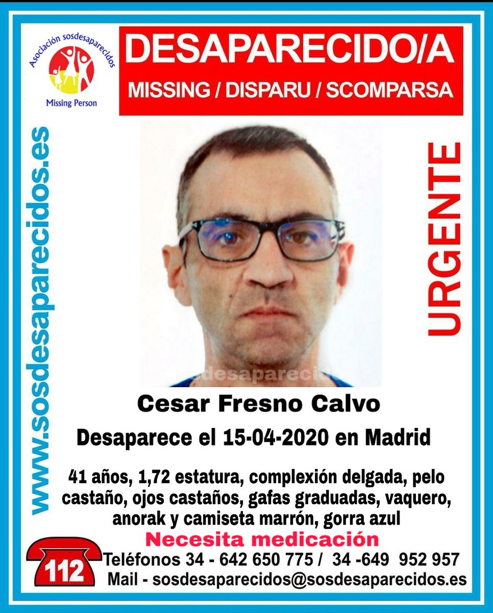 🆘MuyUrgente⚠️
César necesita medicación y ha #desaparecido en #Madrid
Ayúdanos, si lo ves llama:
📞062
📞091
📞092
📞112
Tu RT no cuesta nada y puede ayudar mucho