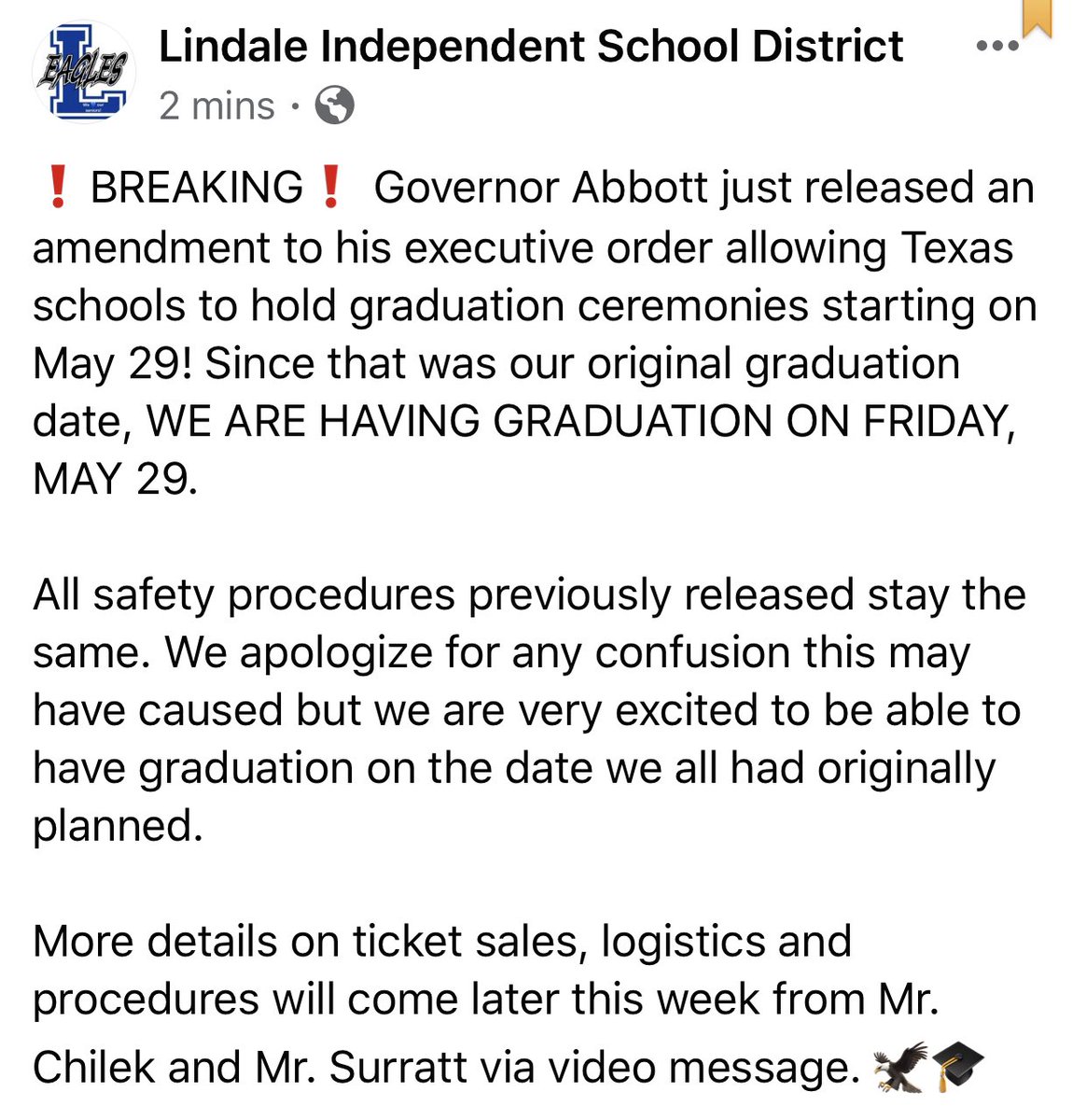 LindaleISDNews's tweet image. ❗️BREAKING❗️ Governor Abbott just released an amendment to his executive order allowing Texas schools to hold graduation ceremonies starting on May 29! Since that was our original graduation date, WE ARE HAVING GRADUATION ON FRIDAY, MAY 29.