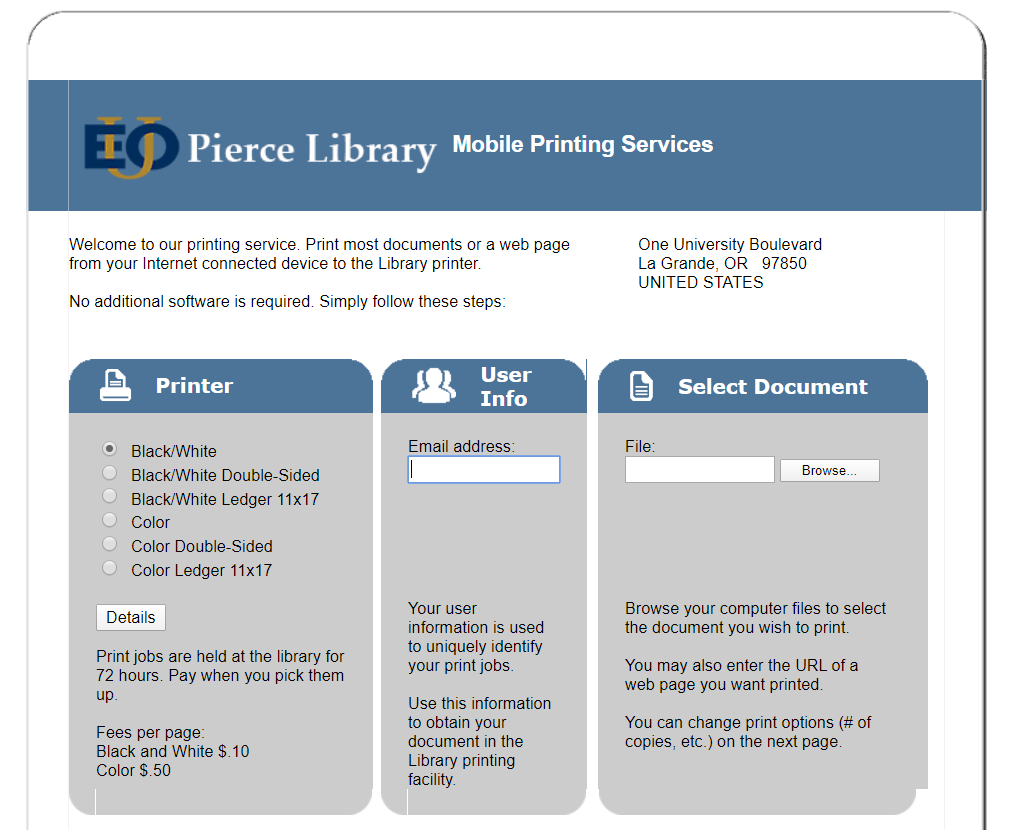 EOULib's tweet photo. Did you know we now have remote printing? Just upload documents to the EOU Library Mobile Printing page 
(located on our website) and the document can be printed and picked up in the library! Questions? Chat with us! #goeou #eoulife #piercelibrary #eoulibrary https://t.co/oNGMGJsakS