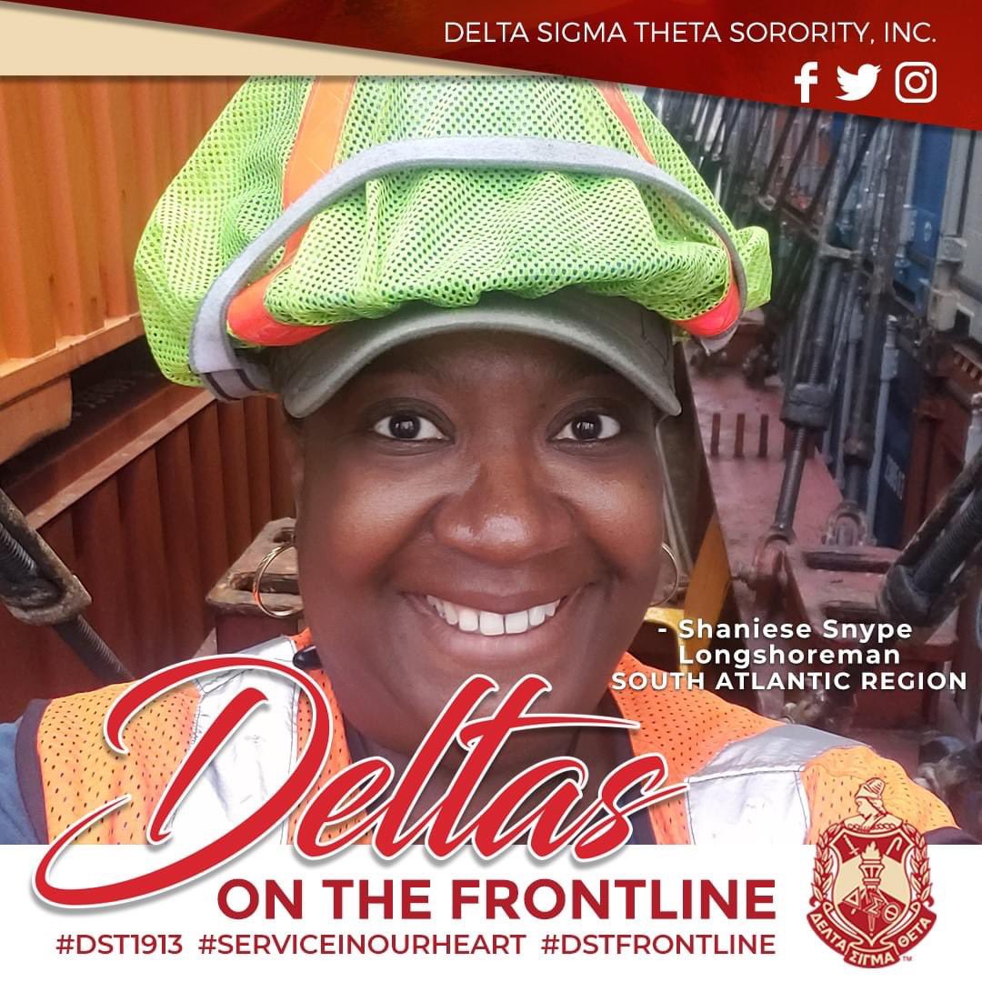 Deltas on the Frontline! We salute Shaniese Snype of Summerville Alumnae, South Atlantic Region. She’s the only Delta longshoreman at the South Carolina Port of Charleston unloading supplies during COVID-19. Thank you for your service. #DST1913 #ServiceInOurHeart #DSTFrontline