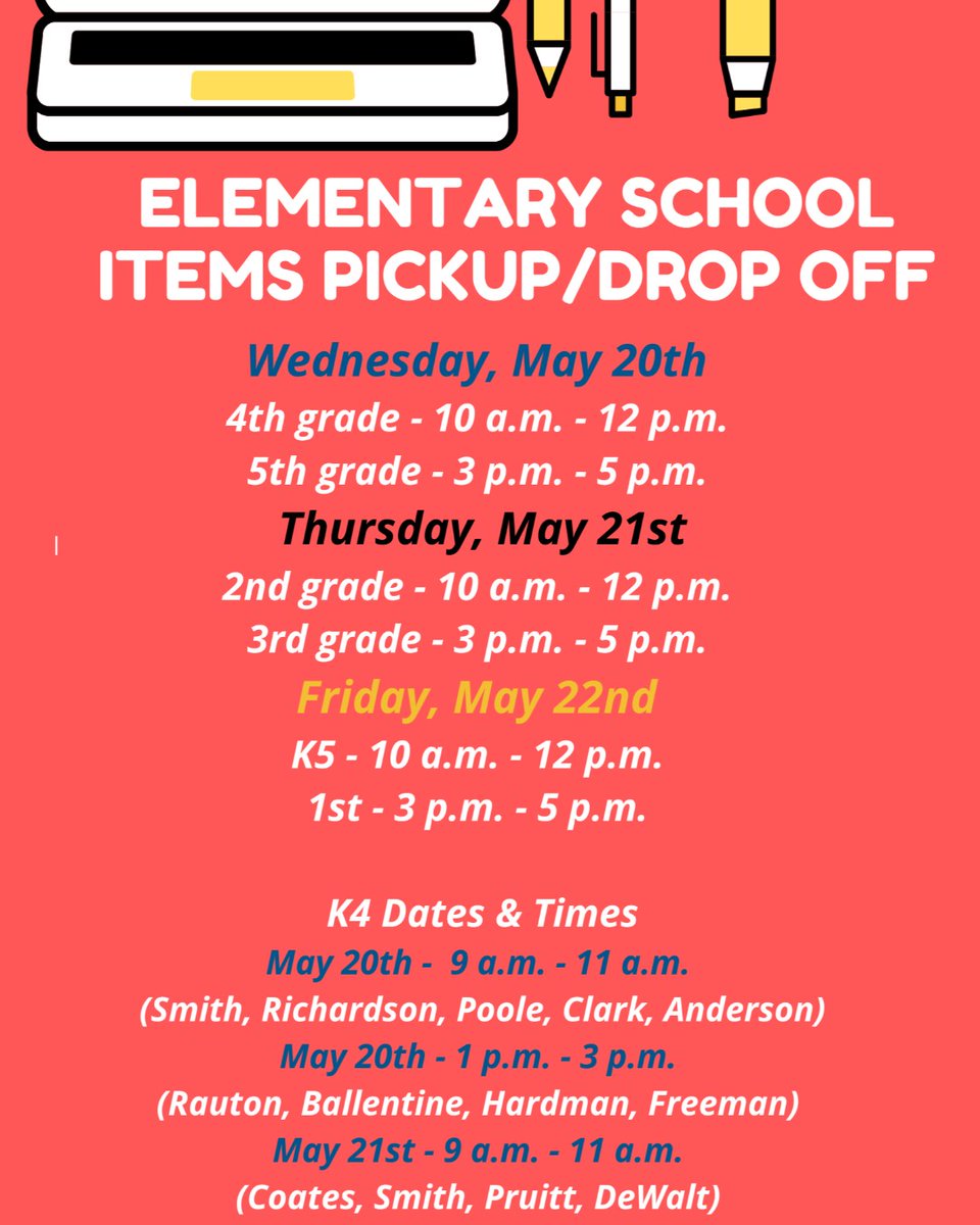 Gwd50Schools's tweet photo. We just announced our dates &amp; times for elementary school items pickup/drop off! Go to https://t.co/mfhim4gKCT to see other reminders prior to visiting your child's elementary school! https://t.co/5RC7CUoRs0