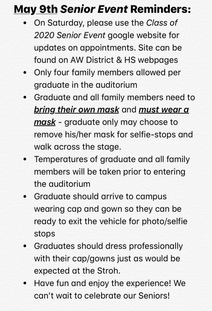 awlshs's tweet photo. Some important details and reminders for Saturday’s May 9th Senior Event. Still time to RSVP. @AwClassOf2020 https://t.co/eZrq45kEhV