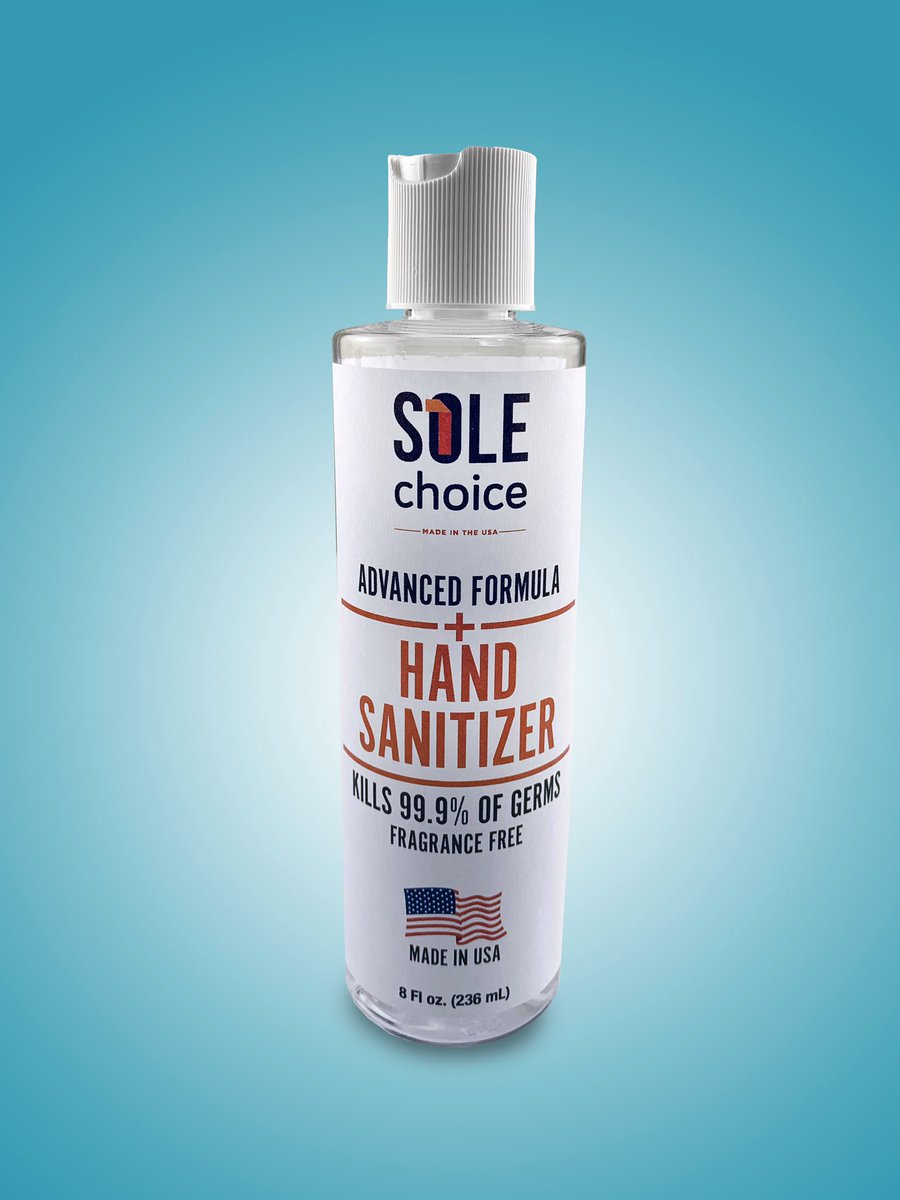 SoleChoiceInc's tweet photo. Sole Choice has once again diversified to meet the needs of our nation during the COVID-19 pandemic. First, it was elastics. This time we are using our shoe polish fill lines and are now introducing our Advanced Formula Hand Sanitizer. 
#MadeInUSA. #MadeInOhio https://t.co/nHaGcvCgi1