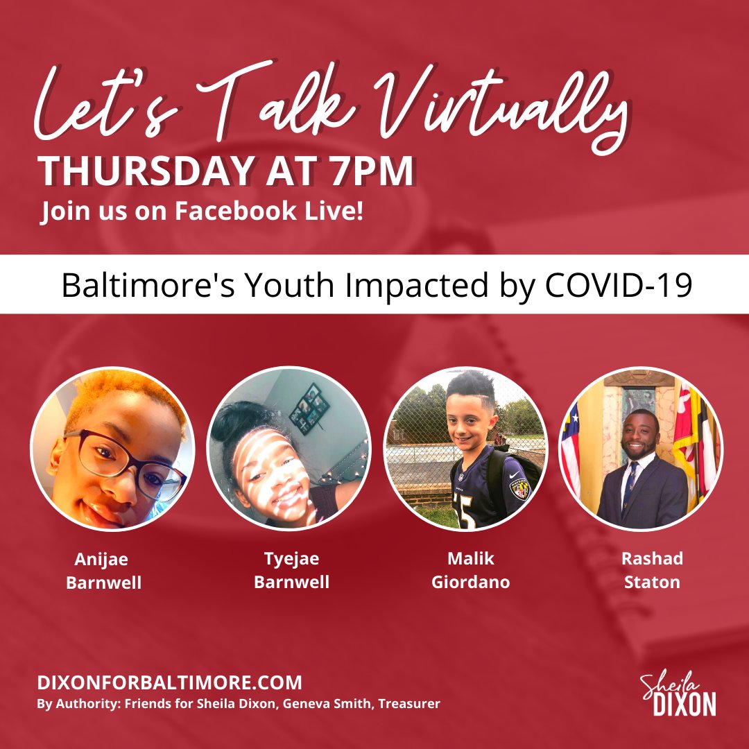 SheilaDixonBalt's tweet photo. TONIGHT AT 7PM!
Join #TeamDixon for another Discussion with Dixon featuring Baltimore's youth and how they feel about #COVID19.
See you tonight on Facebook Live.
#Dixon2020 #DixonForBaltimore #BaltimoreMD #BaltimoreCity #MyBmore #BaltimoreEvents #DMVEvents #MDevents https://t.co/VqjGM6TnEl