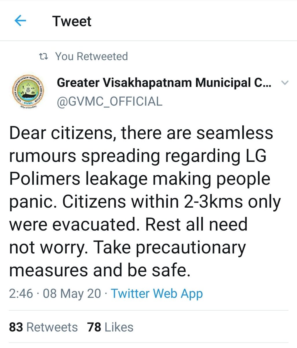 #VizagGasLeakage
I urge vizag public, please don't trust hoaxes on social media. Evacuate homes only government issues a guideline. Do not panic. Cross check any information with credibile and official sources. I personally checked with City police control room. GVMC tweeted