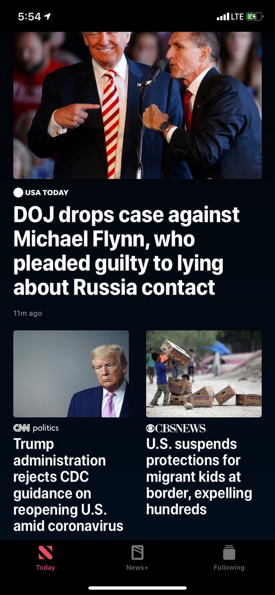 mnowen's tweet photo. The top headlines in my news app. Disgusting. #trump #FlynnIsGuilty #doj #billbar #travesty #guilty https://t.co/ttp0GcjYMi