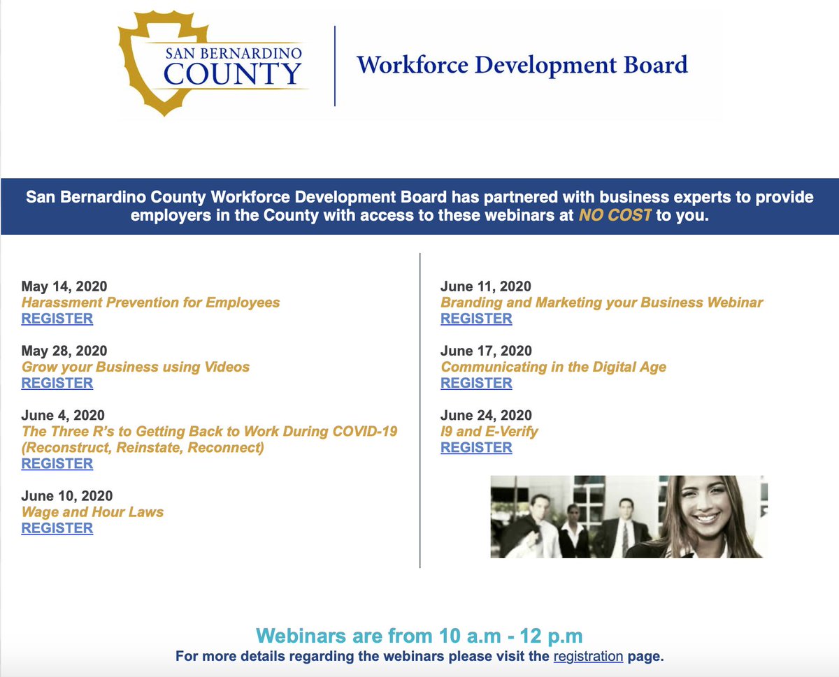 SBCWorkforce's tweet photo. #SanBernardinoCounty #BusinessServices 
Free Webinars. Register at https://t.co/RvoteoX0PR
#WeAreWorkforce https://t.co/Shz0l6BNxA