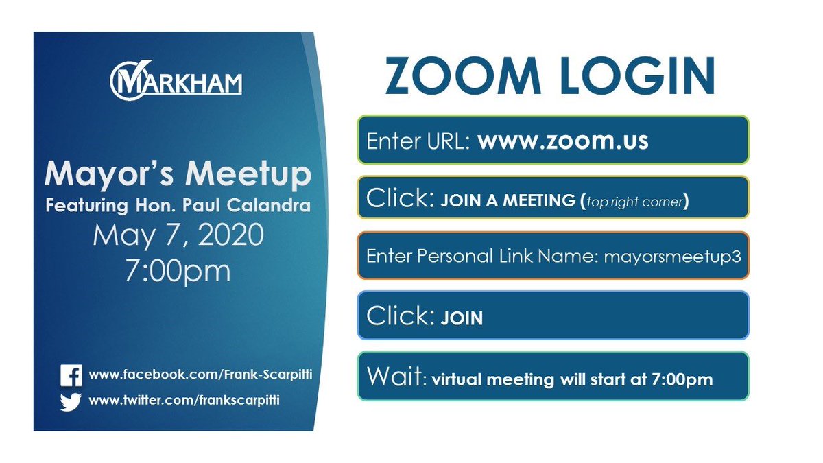 frankscarpitti's tweet photo. Join us in one hour at 7:00 p.m. using @zoom_us for another #MayorsMeetUp. We’re excited to have MPP for Markham-Stouffville & Government House Leader @PaulCalandra.
We will also be streaming it live right here on Twitter and on my Facebook page.
#AskScarpitti https://t.co/2UfCPGmn9e