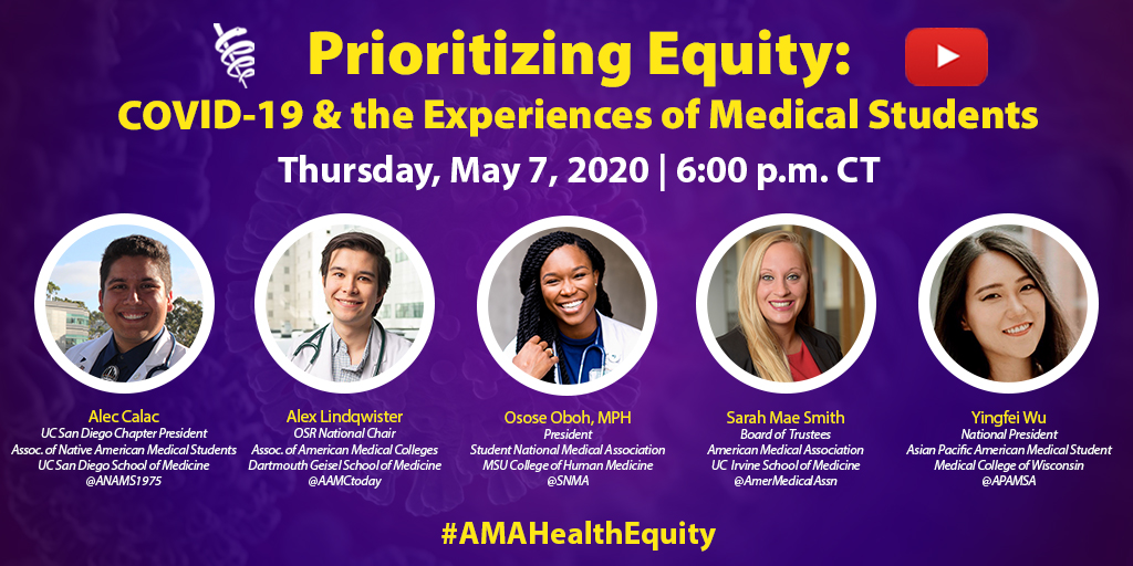 MedicalCollege's tweet photo. Tune in tonight as @AmerMedicalAssn hosts "Prioritizing Equity: COVID-19 & the Experiences of Medical Students" featuring MCW M4 and national president of @APAMSA Yingfei Wu. Watch live starting at 6 p.m. CT at: https://t.co/B80h7qC3cZ
#MCWKnowledge #APAMSA #AMAHealthequity https://t.co/UrFkxelNnO