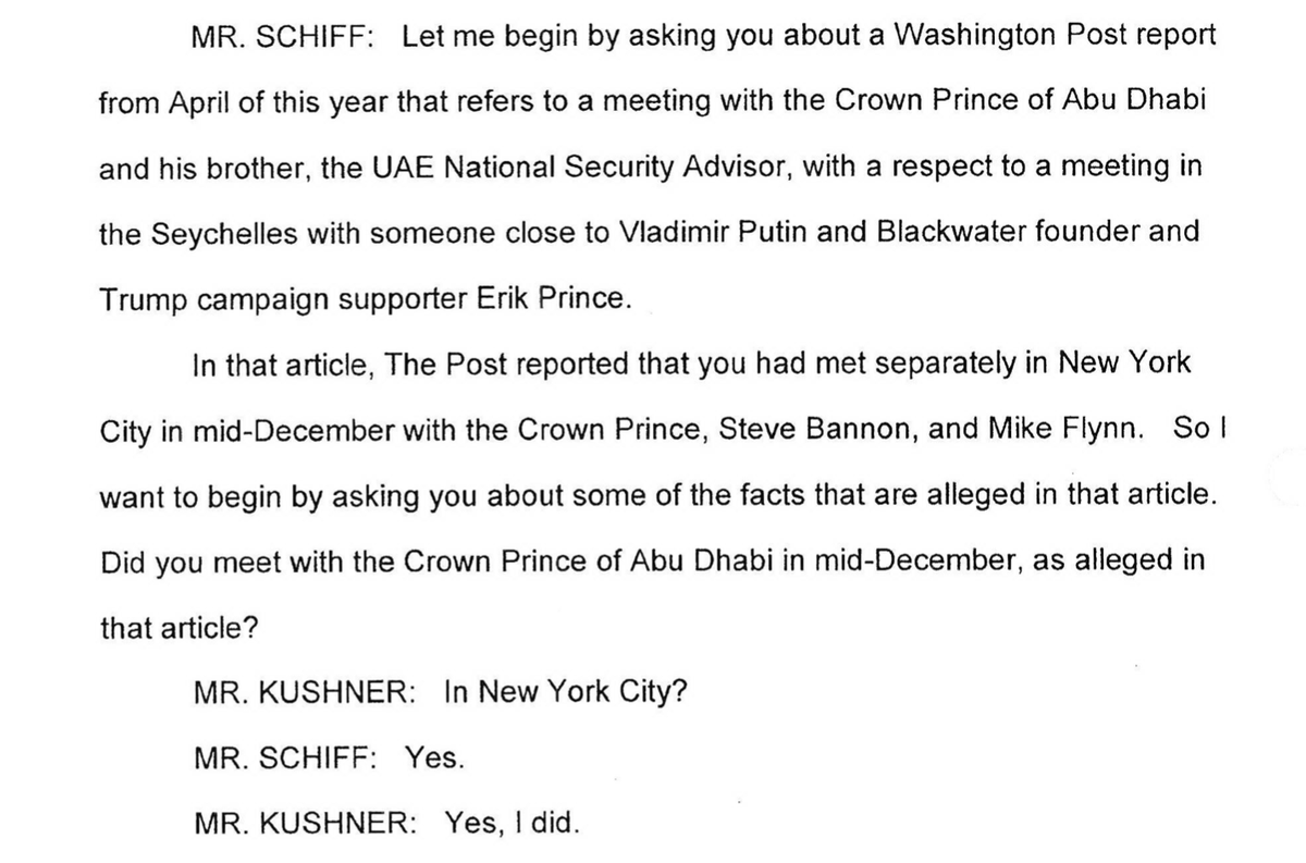 SCHIFF: "OK, Idiot McSonInLaw, let's cut the shit. HOW ABOUT YOU ESTABLISHING A BACKCHANNEL TO PUTIN? Yup, no lube or bottles of chardonnay - we're just starting this full bore."