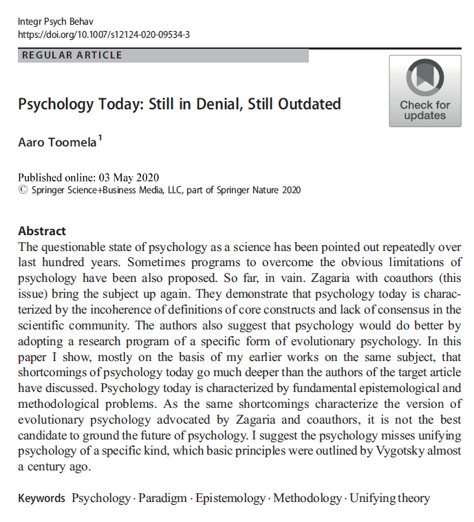 NicoleBarbaro's tweet photo. New debate about the state of psychology. I haven't read past the abstracts, but the target article (Zagaria et al; https://t.co/4Swf6FAWg7) and the response (https://t.co/YJFN9rcDiY) at least agree that we could be doing much better. https://t.co/acUXkKSIdz
