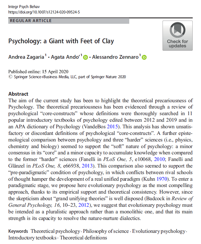 NicoleBarbaro's tweet photo. New debate about the state of psychology. I haven't read past the abstracts, but the target article (Zagaria et al; https://t.co/4Swf6FAWg7) and the response (https://t.co/YJFN9rcDiY) at least agree that we could be doing much better. https://t.co/acUXkKSIdz