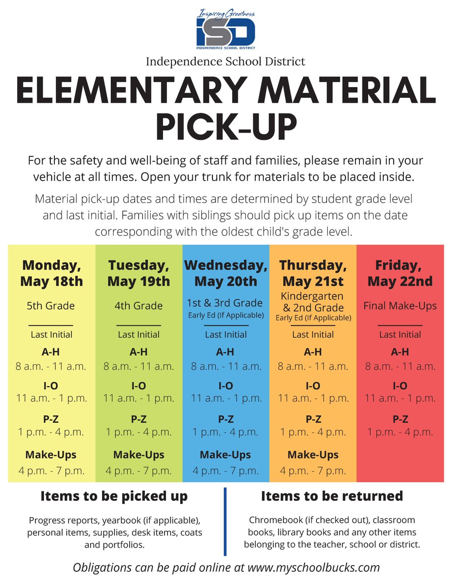 ISDSchools's tweet photo. We have carefully scheduled student supply drop-off and material pick-up. Please see the elementary, middle school and high school schedules below for the week of May 18-22. #isdstrong https://t.co/MNlA8EbBR7
