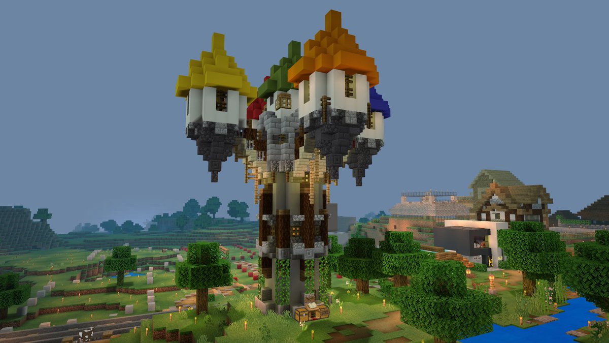 EvercraftMCPE's tweet photo. #TBT build by End0. This stunning assassin's tower from our v1 world was a landmark of our city skyline. Oh, and you could also buy murder there 🤣

#EverCraftRealm #Minecraft #Bedrock #Multiplayer #ThrowbackThursday #MinecraftBuilds #MinecraftRealms https://t.co/g1reA6KnUq