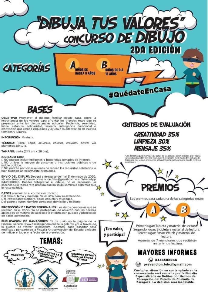 icaicoahuila's tweet photo. ¿Tienes aptitudes para el dibujo? El @icaicoahuila te invita a participar en el Concurso de Dibujo infantil "Dibuja Tus Valores", de la Fiscalía Especializada en Delitos por Hechos de Corrupción #FEHC de #Coahuila, consulta las bases en prevencion.fehc@gmail.com https://t.co/FA5DVKz3Hz
