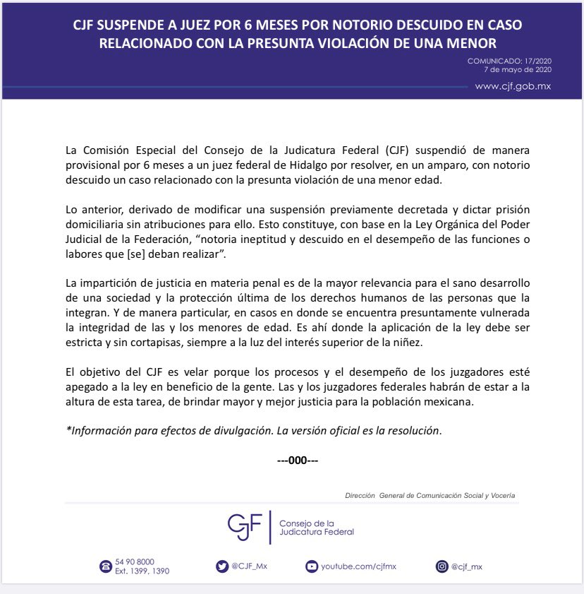OAJ_Mex's tweet photo. #Comunicado Se suspende provisionalmente a juez federal por notoria ineptitud y descuido en el desempeño de sus funciones, en el marco de un caso relacionado con la violación de una menor de edad. 

El CJF velará porque la impartición de justicia esté apegada siempre a la ley. https://t.co/hxIFeDhIrr