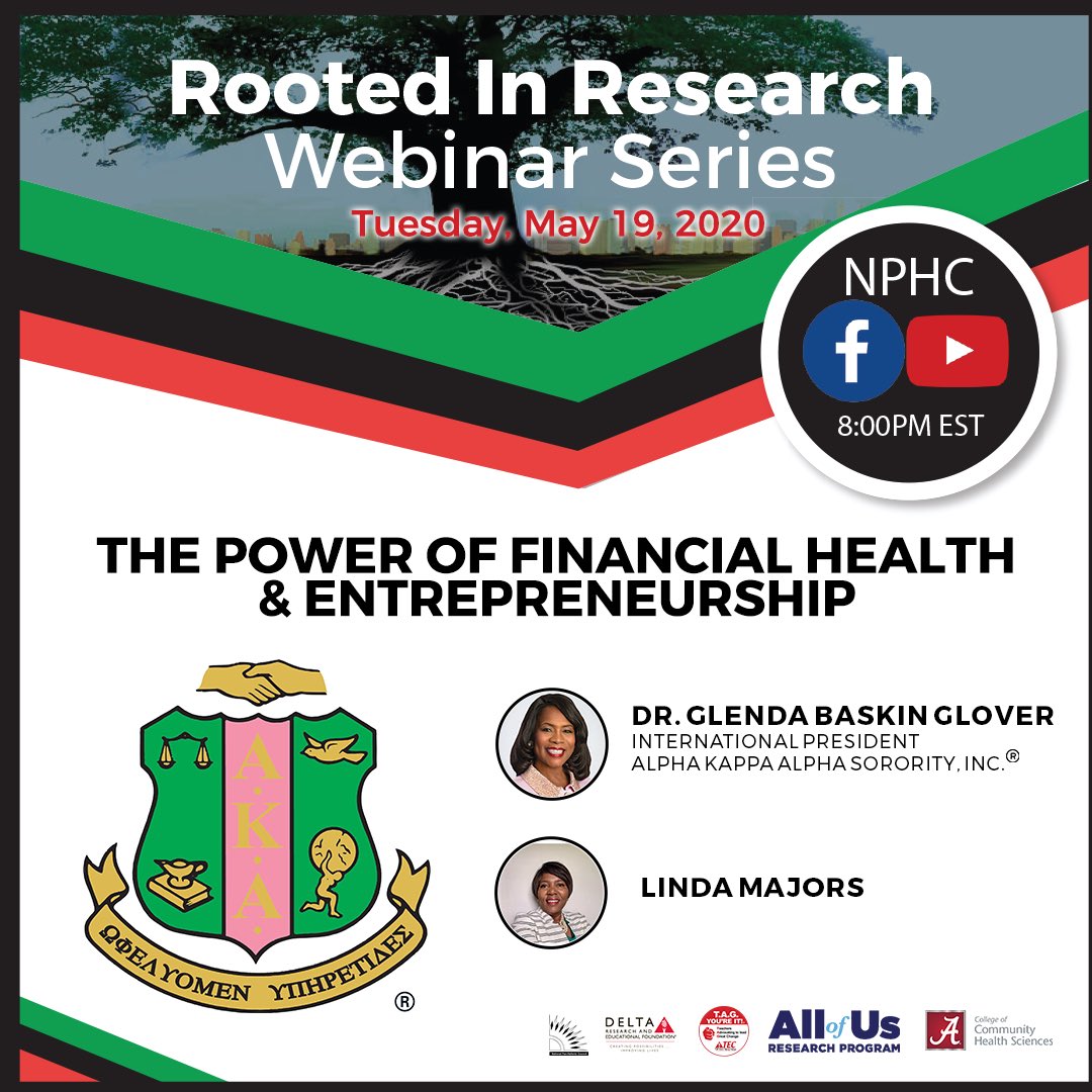 akasorority1908's tweet photo. Join Alpha Kappa Alpha for the ”Rooted In Research” Webinar Series on Facebook Live and YouTube on 05/19/20 at 8 PM EST/7 PM CST/5 PM PST at https://t.co/C2YmxjkSn1. #joinallofus #bglc #AKA1908 #Excellence #rootedinresearch #nphchq https://t.co/KdxVL3H9PR