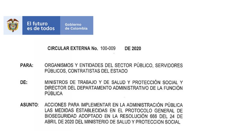 contrataenlinea's tweet photo. 🔊Circular Externa 100-009 de 2020. Acciones para implementar en la administración pública. Medidas establecidas en el Protocolo General de Bioseguridad adoptado en la resolución 666 del 24 de abril de 2020. https://t.co/vy2ie5aFXy https://t.co/HsB9G5Ahr8