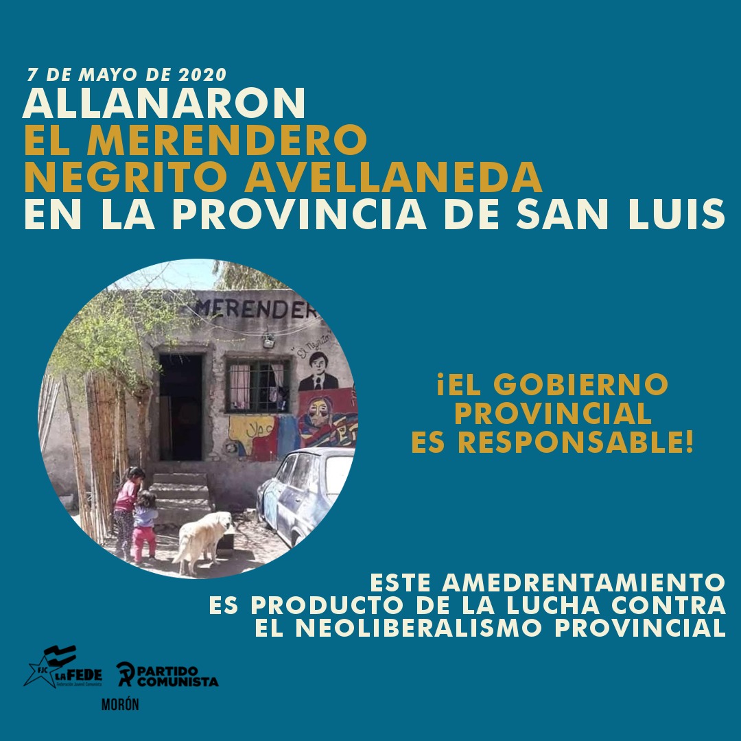 PCArgentino's tweet photo. ¡SOLIDARIDAD CON LXS CAMARADAS DE SAN LUIS!

Hace minutos irrumpieron en el Merendero "Negrito Avellaneda" con un gran despliegue policial el Comando de Operaciones de Alto Riesgo (COAR) y la policía motorizada, con una orden de allanamiento mal redactada y con un domicilio (+) https://t.co/6RCmXfcyU9